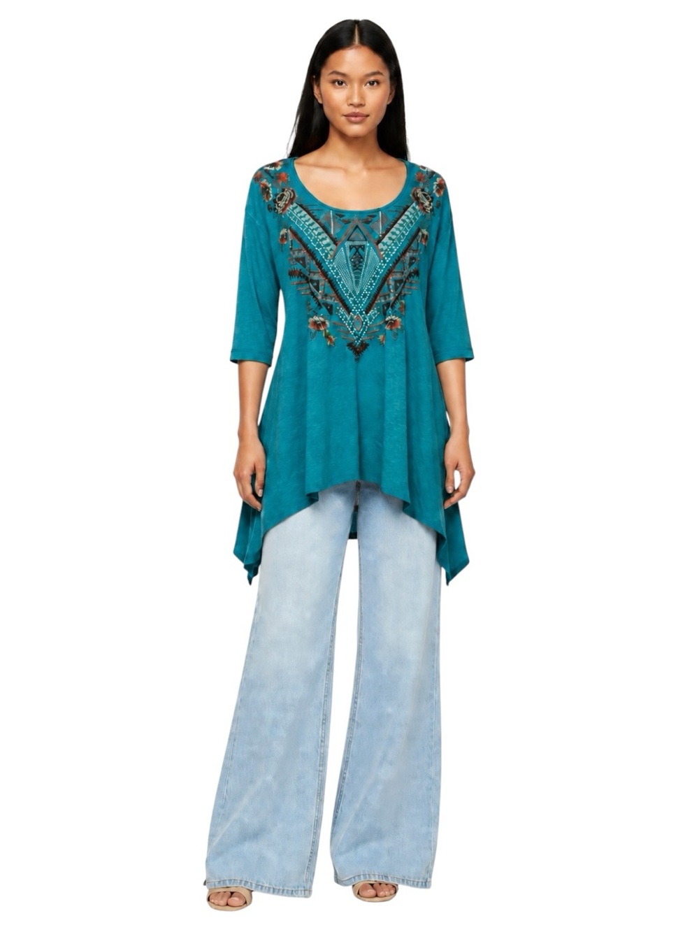 Johnny Was Embroidered Shark Bite Asymmetrical Tunic Top JWLA